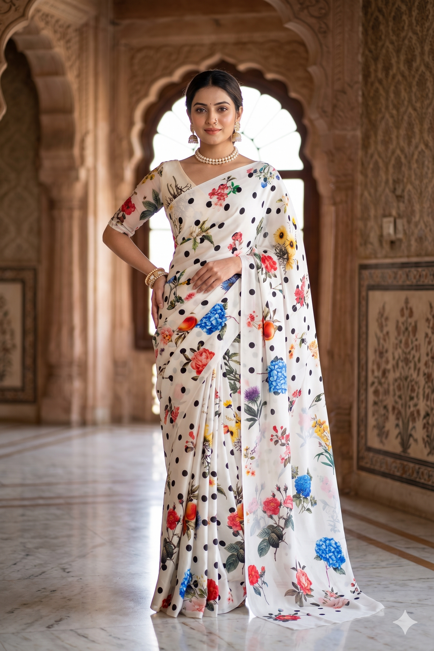 White Crepe Satin Printed Saree, With Unstitched Blouse