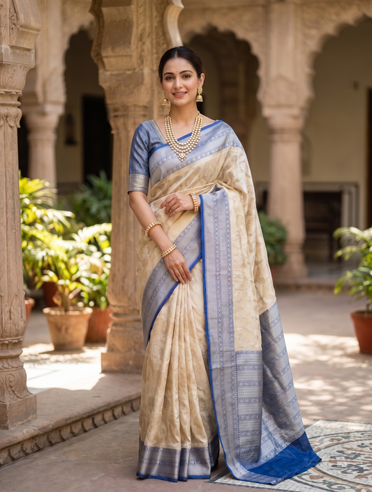 Off-White Tissue Banarasi Silk Saree, With Unstiched Blouse