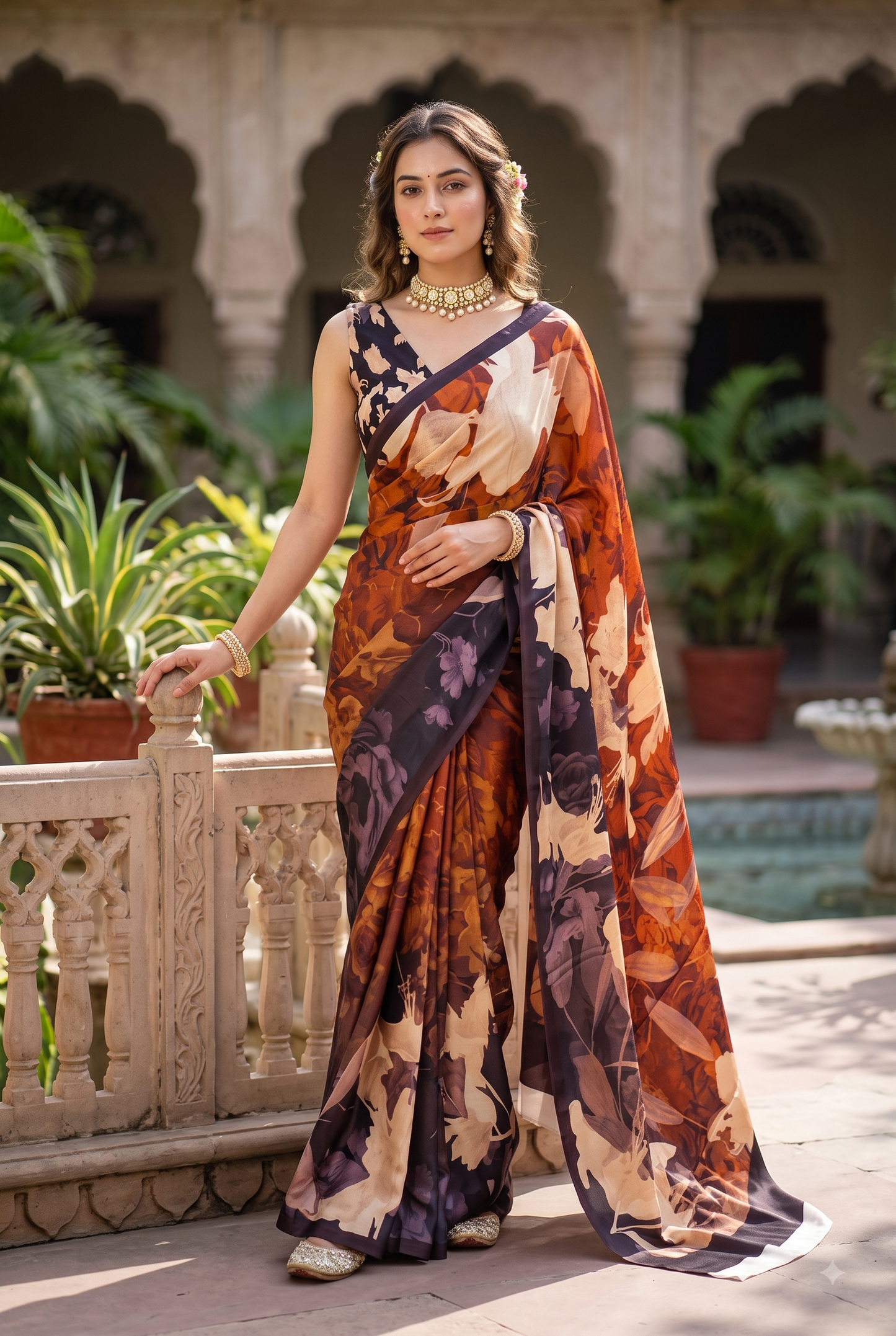 Brown & Multi Floral Printed Satin Crepe Saree, With Unstiched Blouse