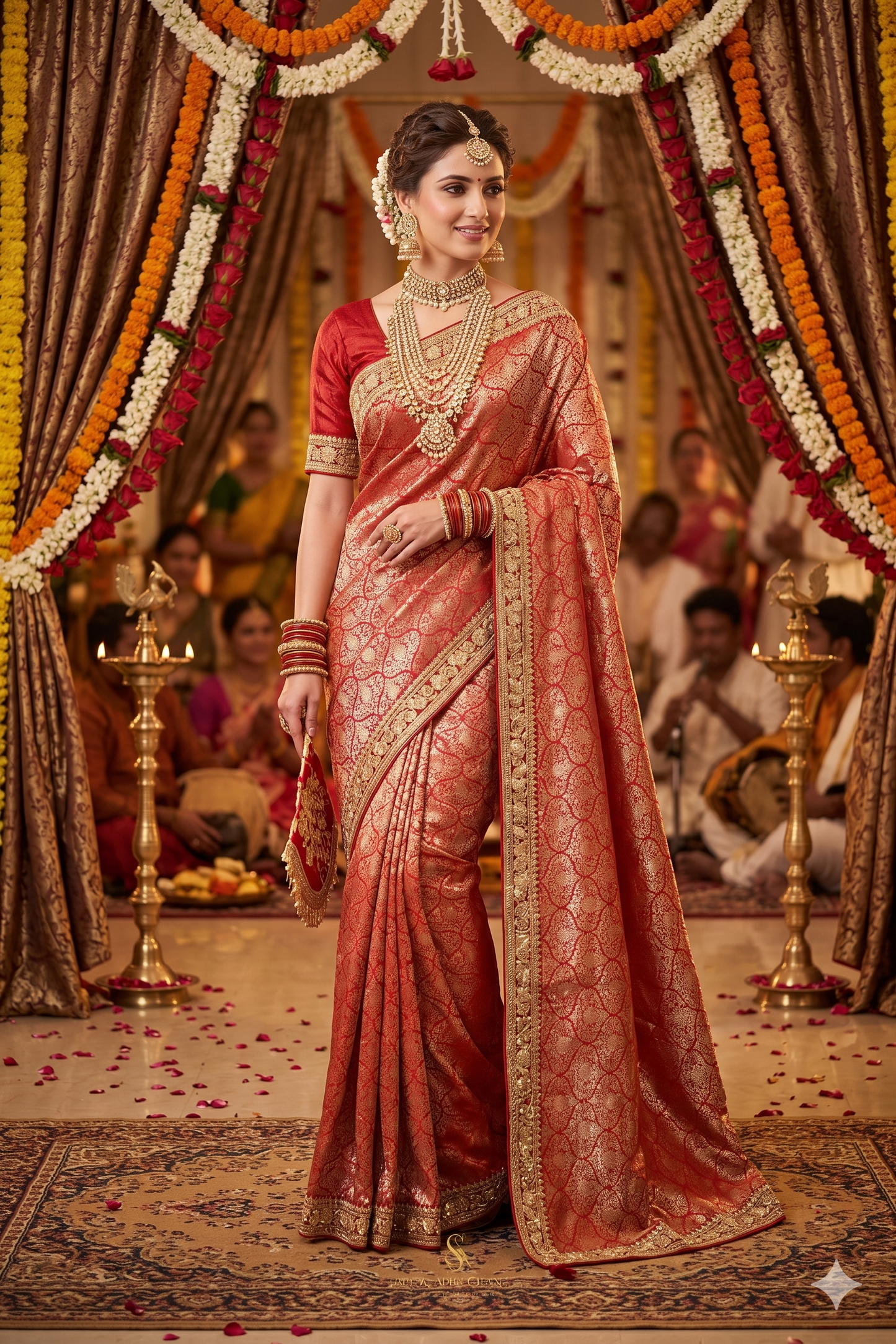 Red Banarasi Silk Saree With Zardosi Embroidery Work, With Unstiched Blouse