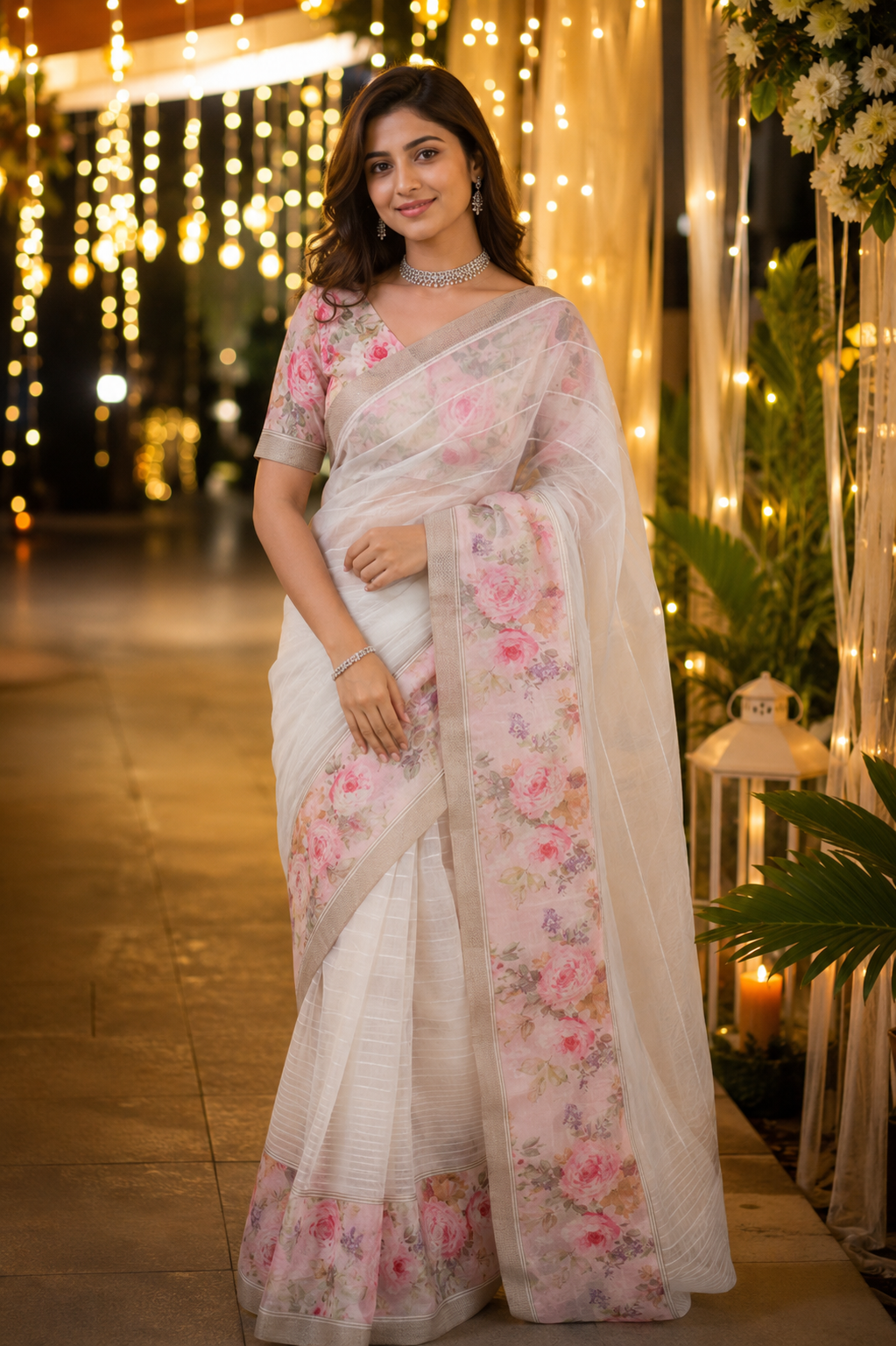 Off-White Organza Resham Printed Saree with unstiched blouse, perfect for party wear, by Saarang Sarees.