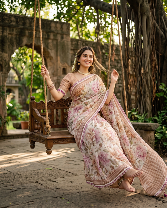 Multi Organza Saree With Perl Work, With Unstitched Blouse
