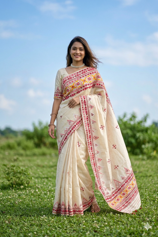 Off-White Tussar Kathiyawadi Work Saree, With Unstiched Blouse