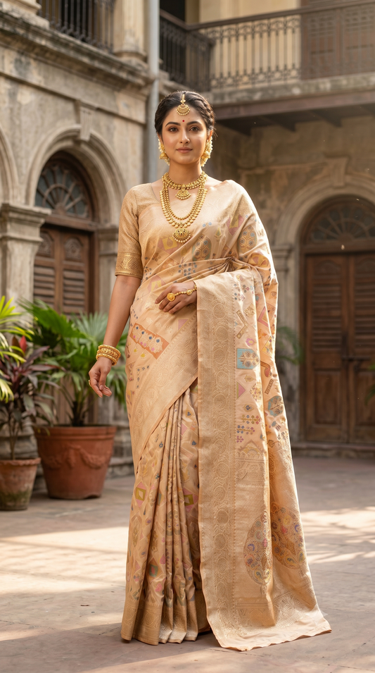 Beige Uppada Banarasi Silk Saree, With Unstiched Blouse