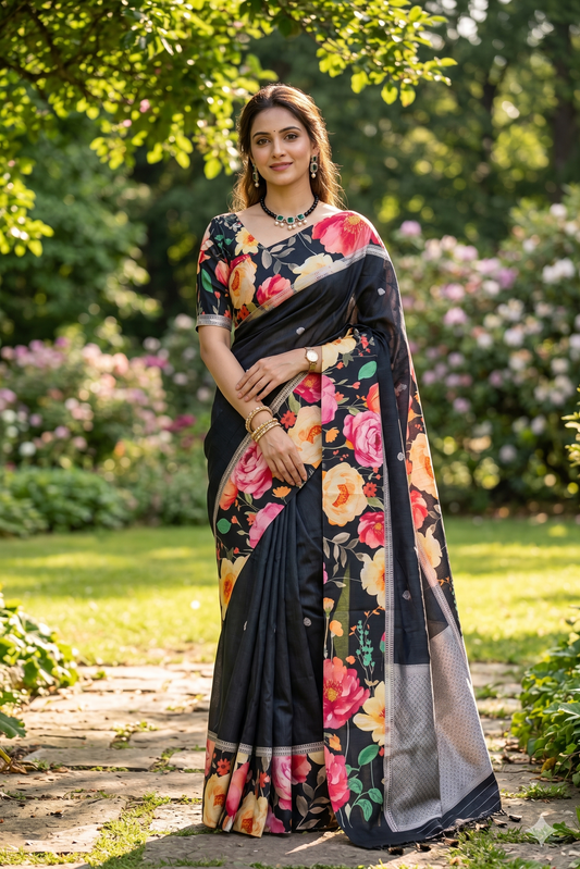 Black Tussar Banarasi saree with digital mashru border, traditional wear by Saarang Sarees, showcasing intricate fabric and design details.