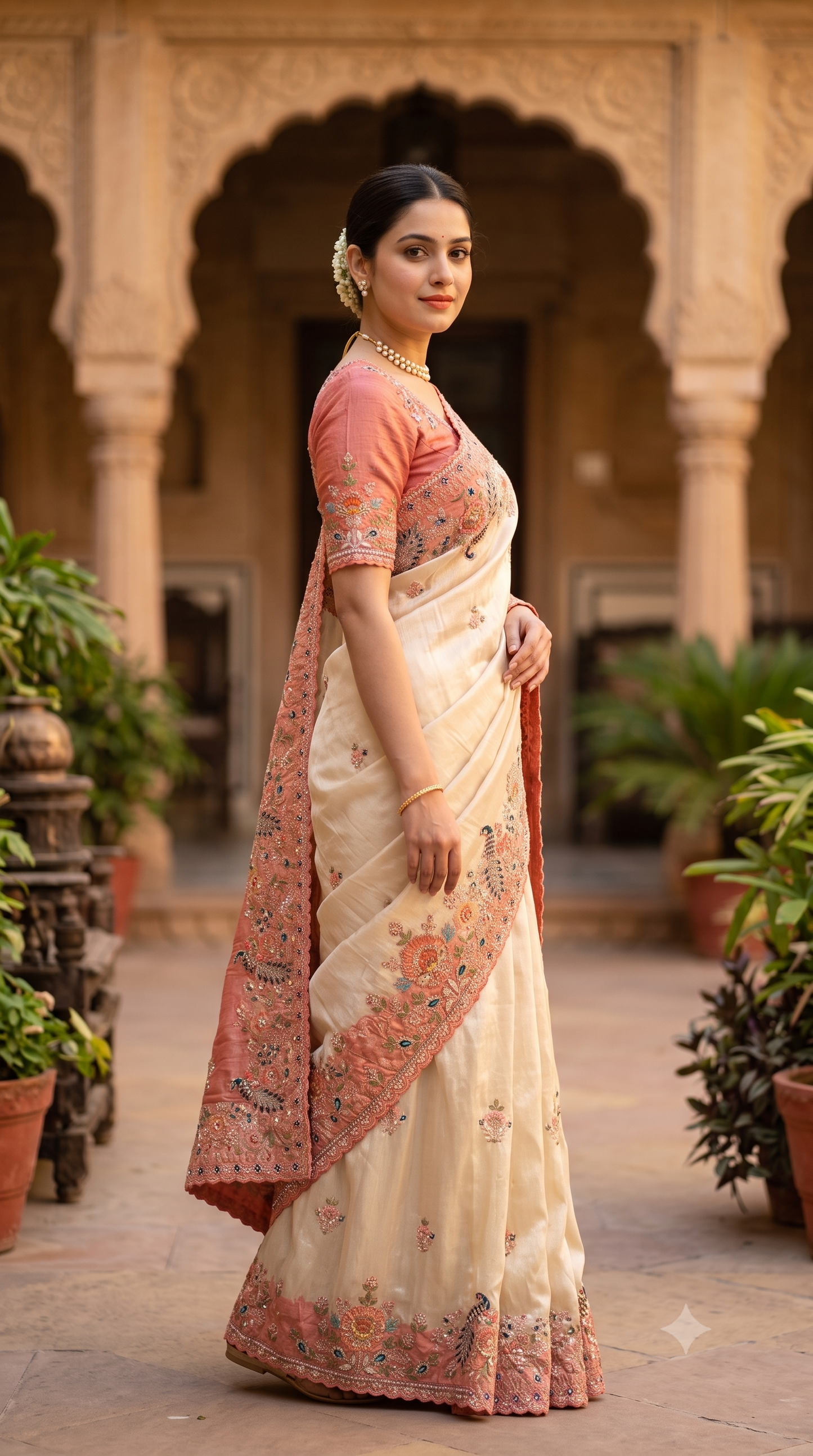Off-White Tissue Kanjeevaram Silk Sarees With Embroidery Work, With Unstiched Blouse