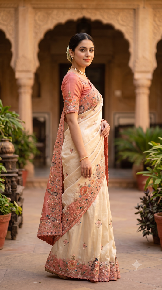 Off-White Tissue Kanjeevaram Silk Sarees With Embroidery Work, With Unstiched Blouse