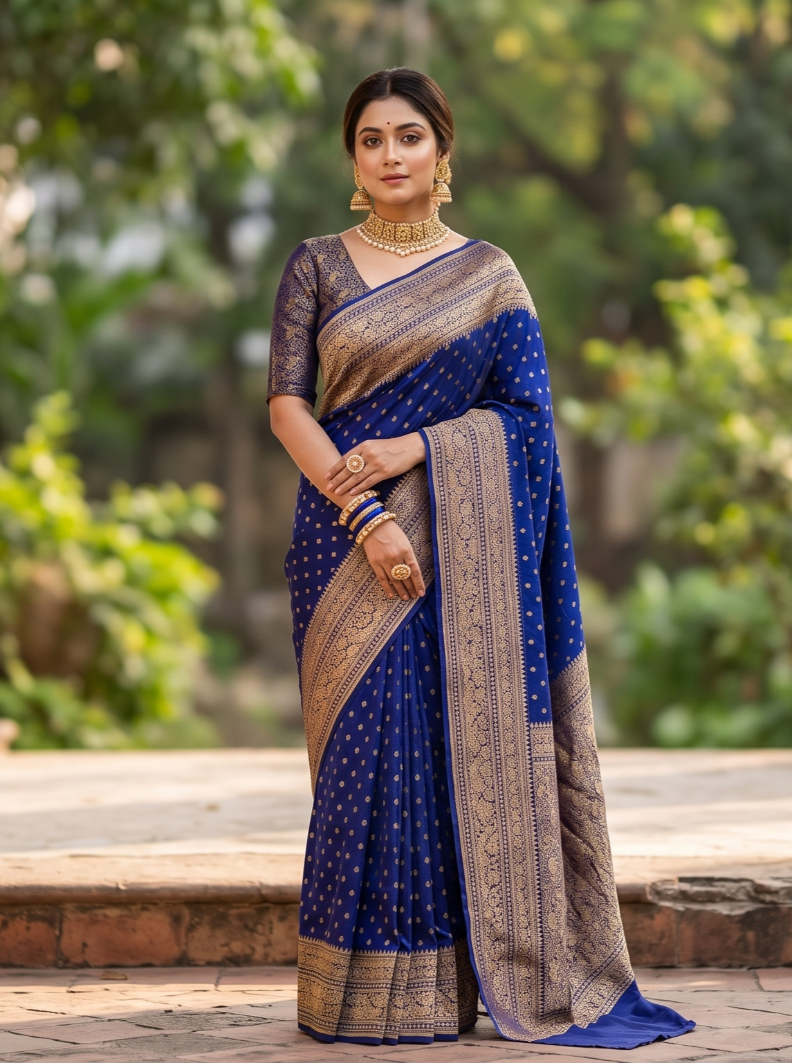 Navy Blue Crepe Khaddi Banarasi Silk Saree With Unstiched Blouse