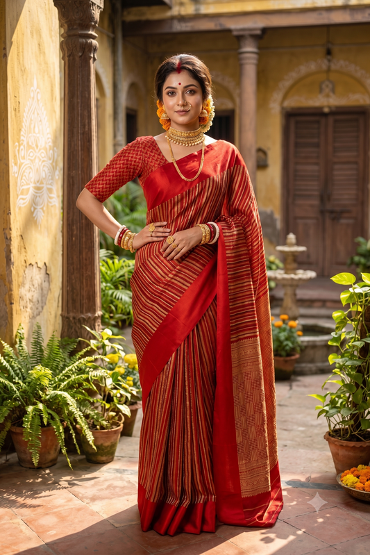 Red Gradient Mysore Crepe Silk Banarasi Saree, With Unstiched Blouse