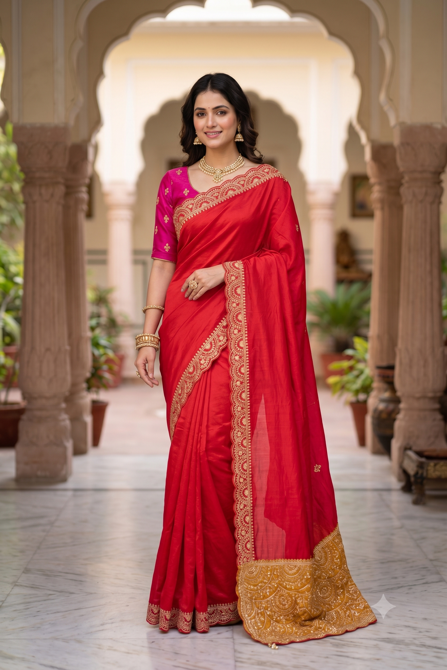 Cherry Red Tussar Silk Printed Saree With Aari Work Border, With Unstiched Blouse