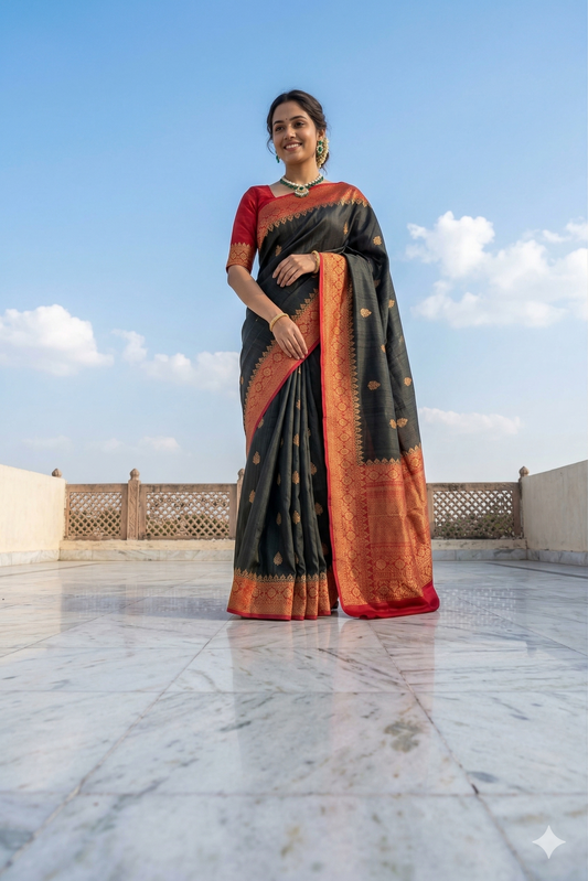 Black Tussar Banarasi silk saree with handwoven motifs and an unstitched blouse, traditional Indian wear by Saarang Sarees.