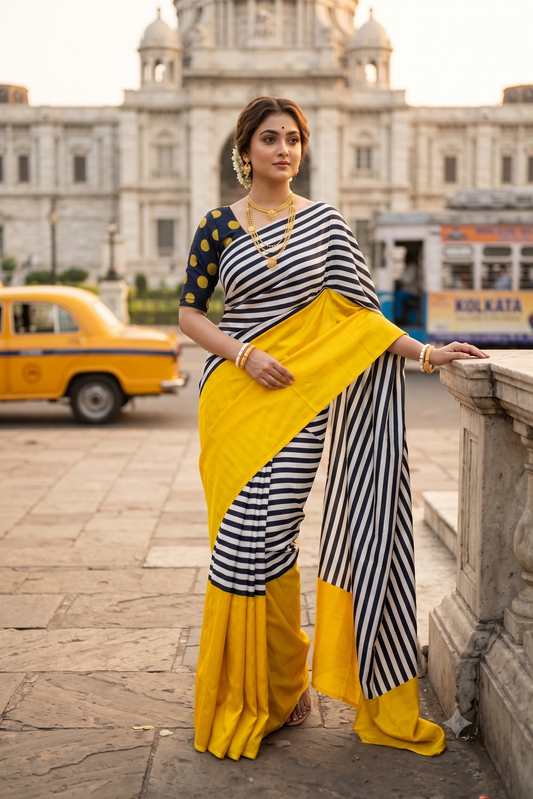 Zebra & Mustard Yellow Katan Mashru Silk Banarasi Handloom Saree, With Unstiched Blouse