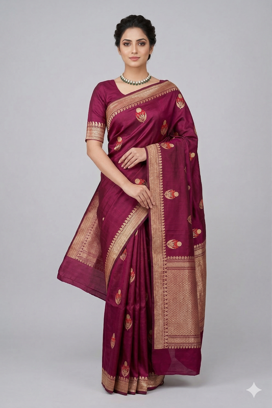 Deep Purple Katan Mashru Silk Banarasi Handloom Saree, With Unstiched Blouse