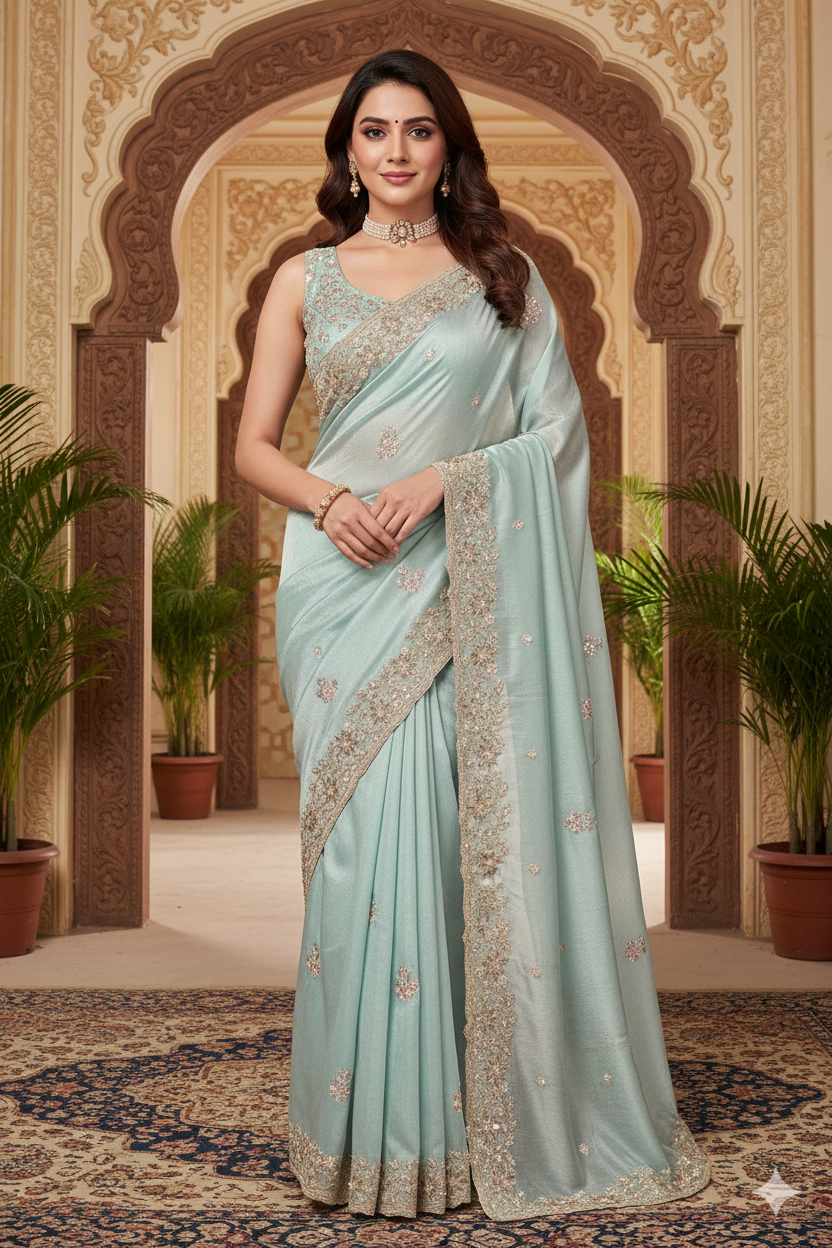 Sky Crepe Tissue Cutwork Saree, With Unstitched Blouse