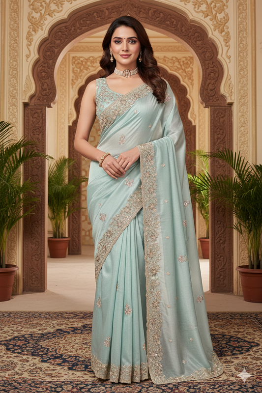 Sky Crepe Tissue Cutwork Saree, With Unstitched Blouse