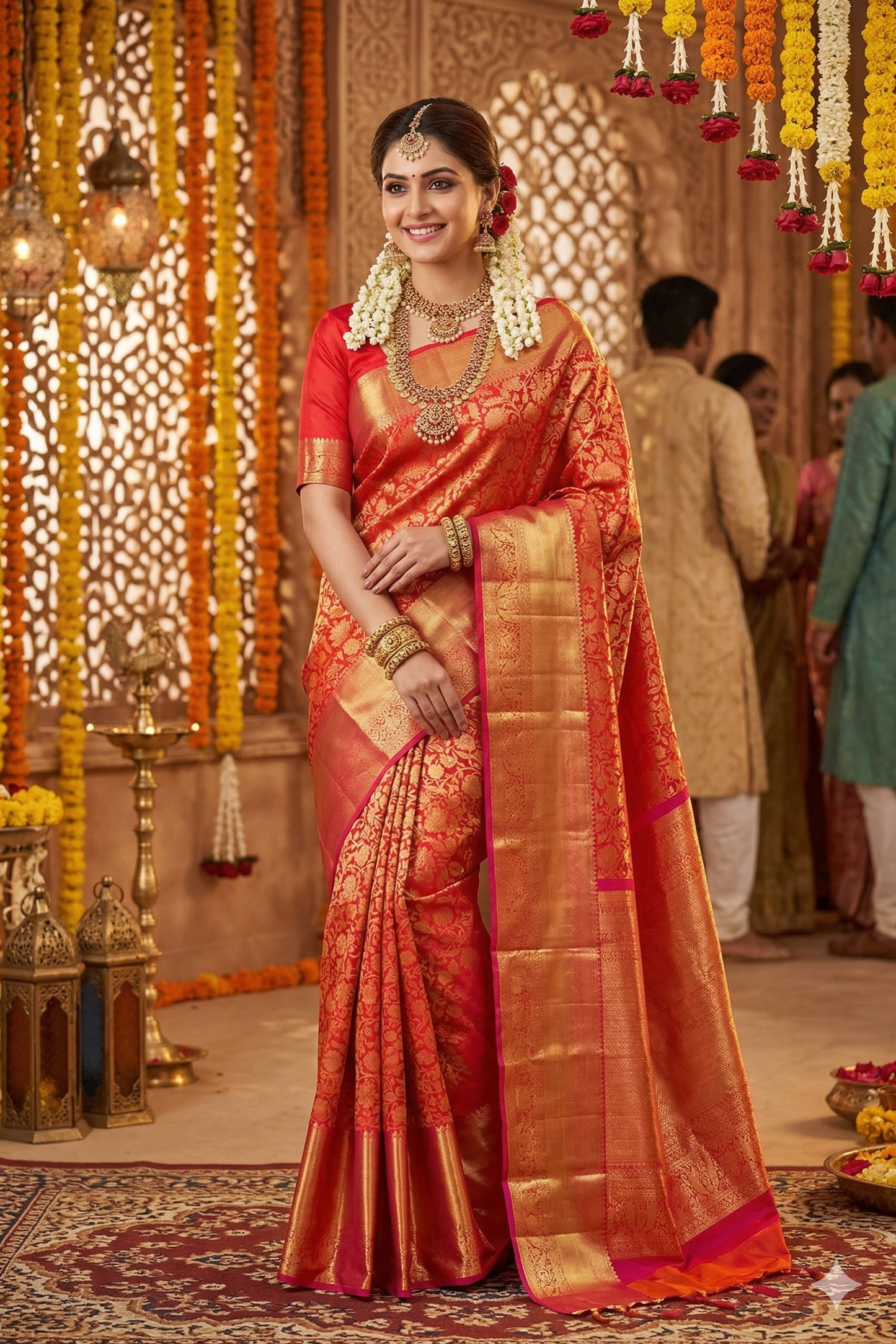 Red pure Kanjeevaram silk saree with gold zari work and matching unstiched blouse, traditional Indian wear by Saarang Sarees.