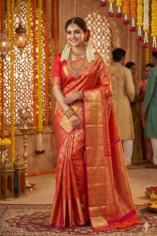 Red pure Kanjeevaram silk saree with gold zari work and matching unstiched blouse, traditional Indian wear by Saarang Sarees.
