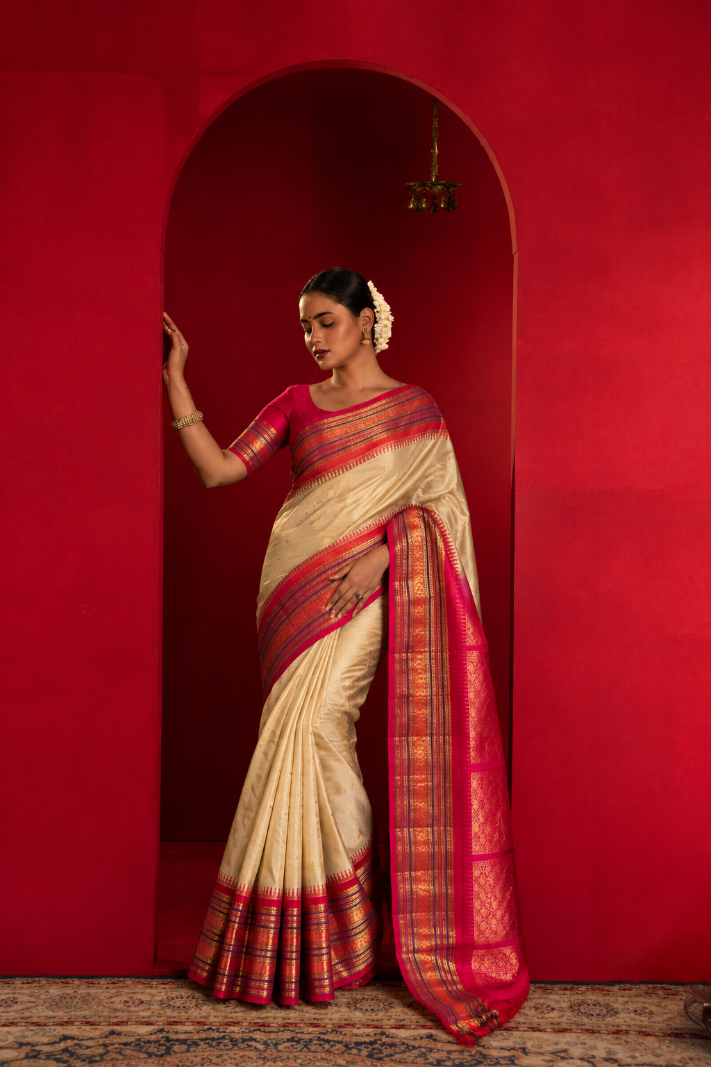 Off-White Gadwal Silk Sarees With Unstiched Blouse