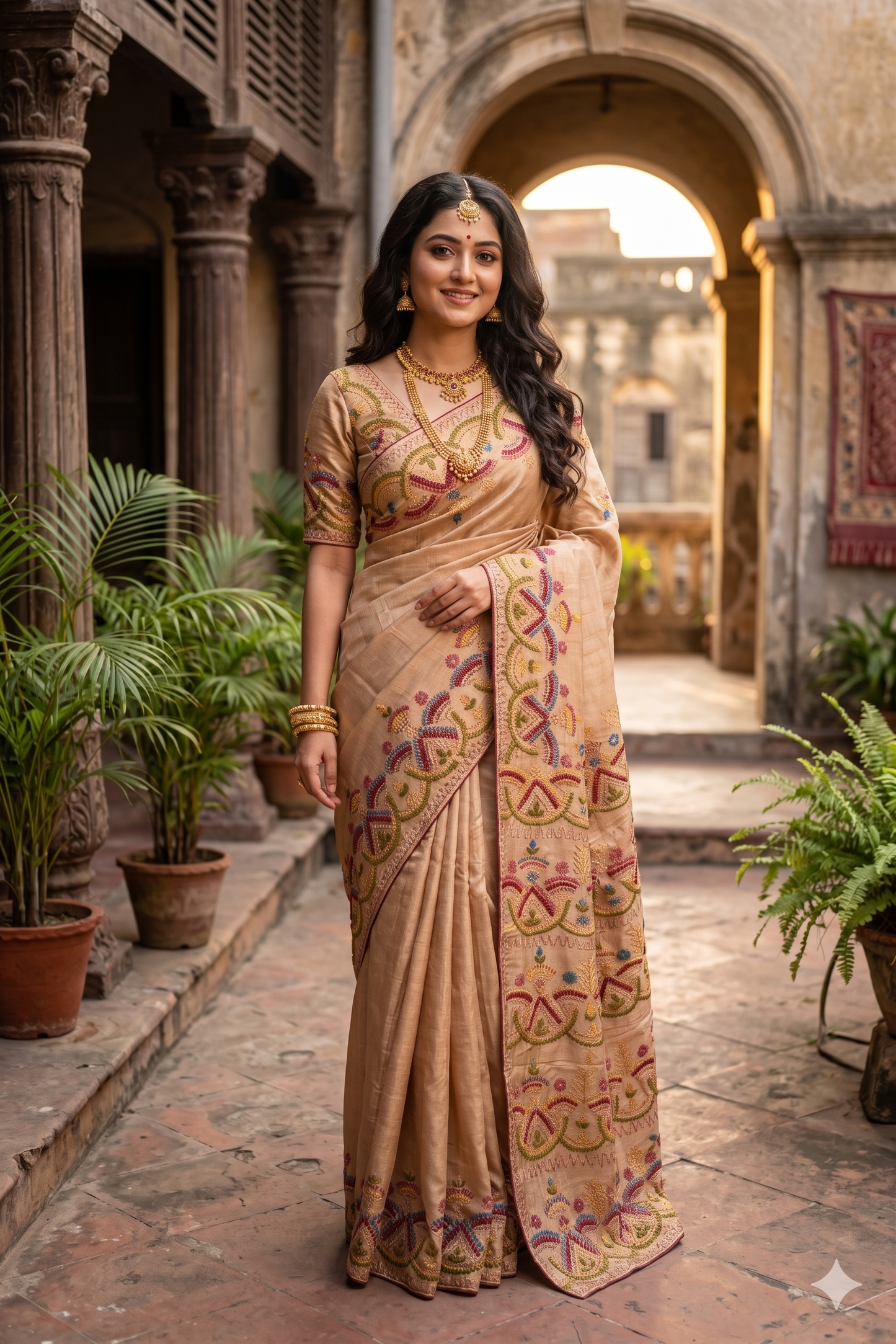 Deep Beige Tussar Embroidery Saree With Lambani Work Border, With Unstitched Blouse