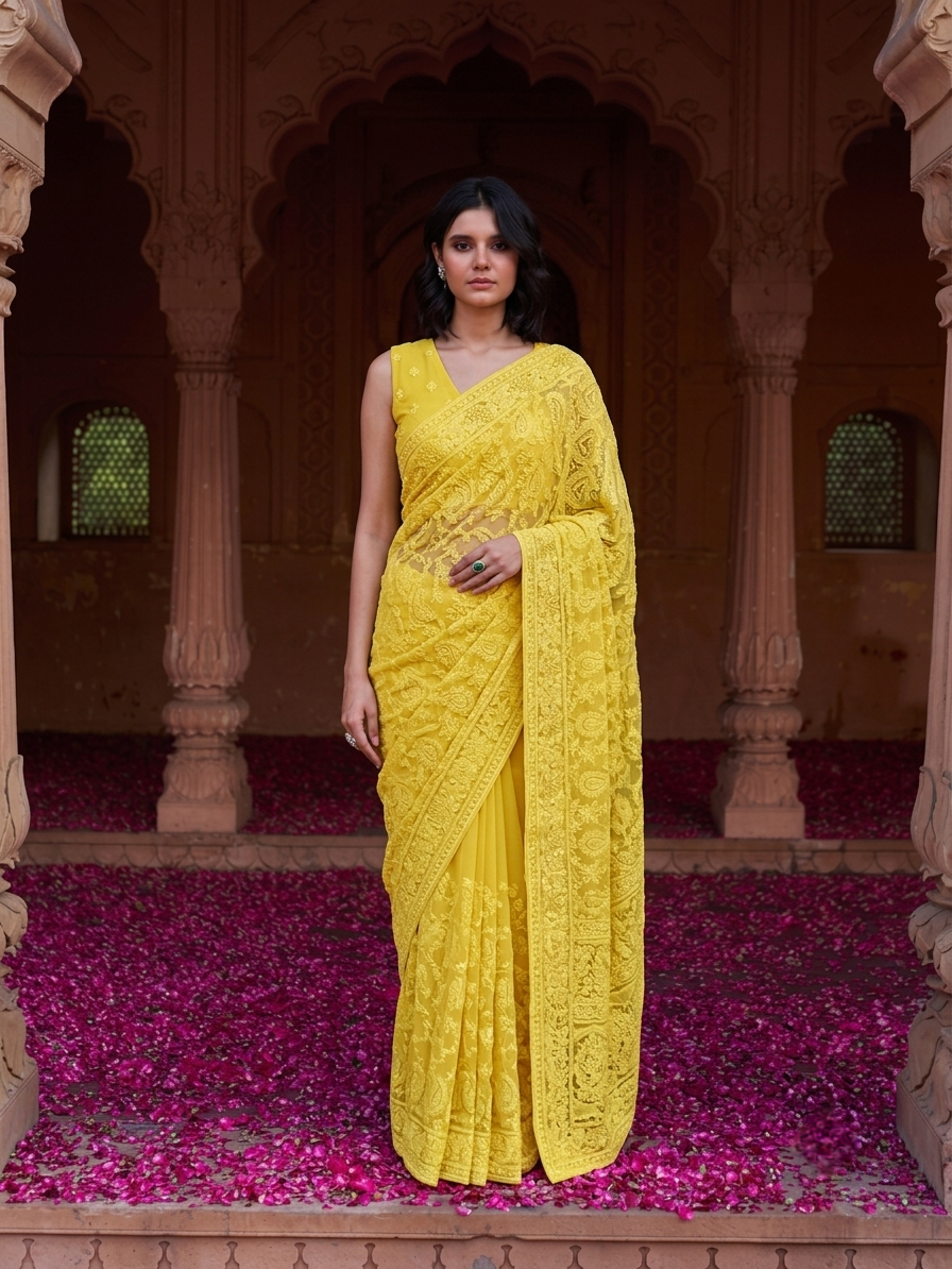 Yellow Georgette Chikankari Embroidery Saree, With Unstitched Blouse