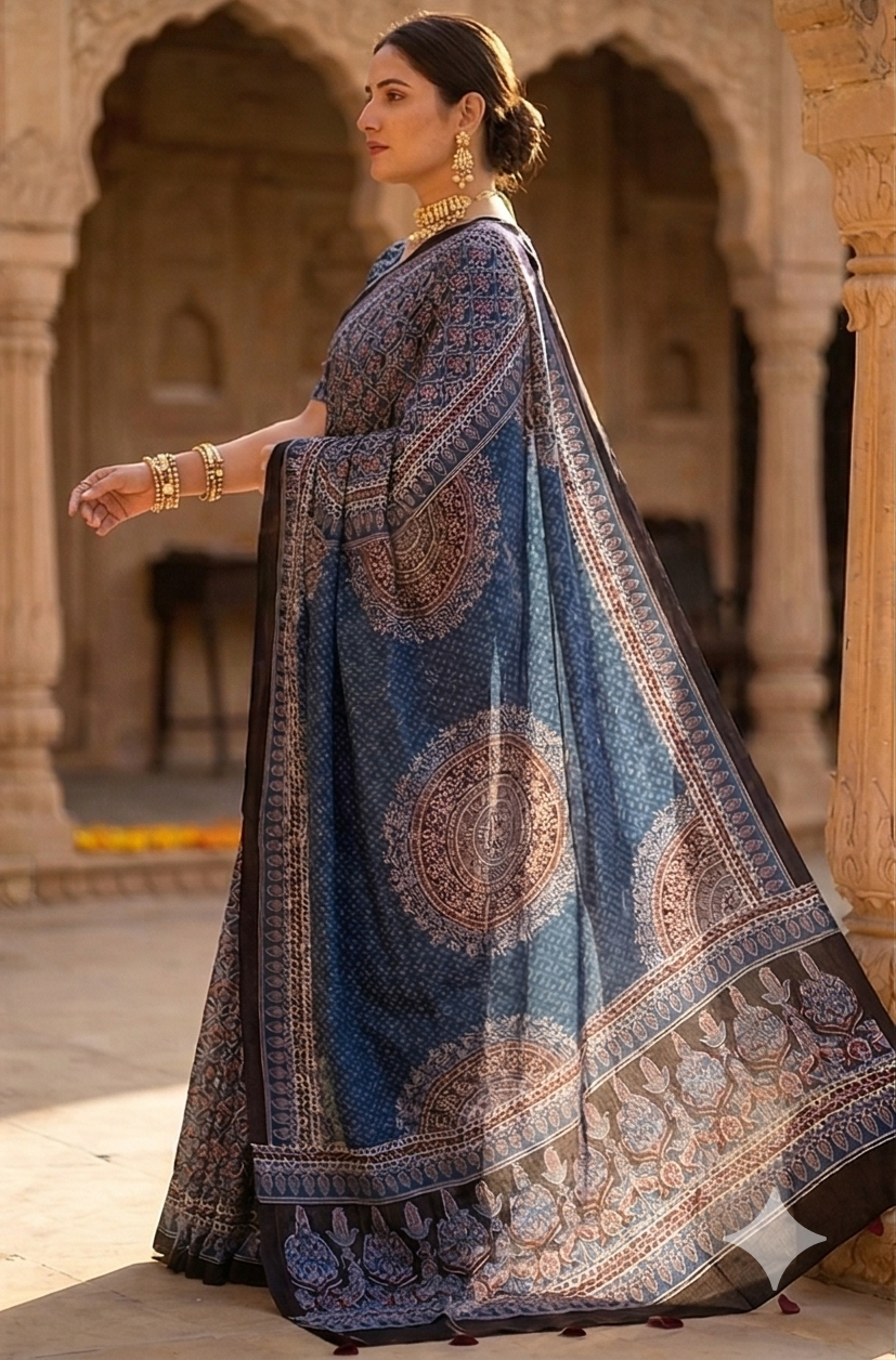 Blue Pure Modal Silk Ajrakh Printed Saree With Unstiched Blouse