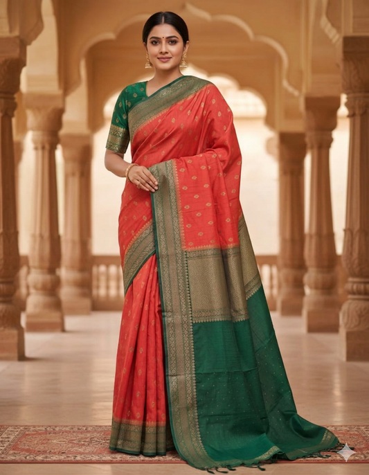 Orange Munga Banarasi silk saree with intricate gold zari work and matching unstiched blouse, traditional Indian wear by Saarang Sarees.