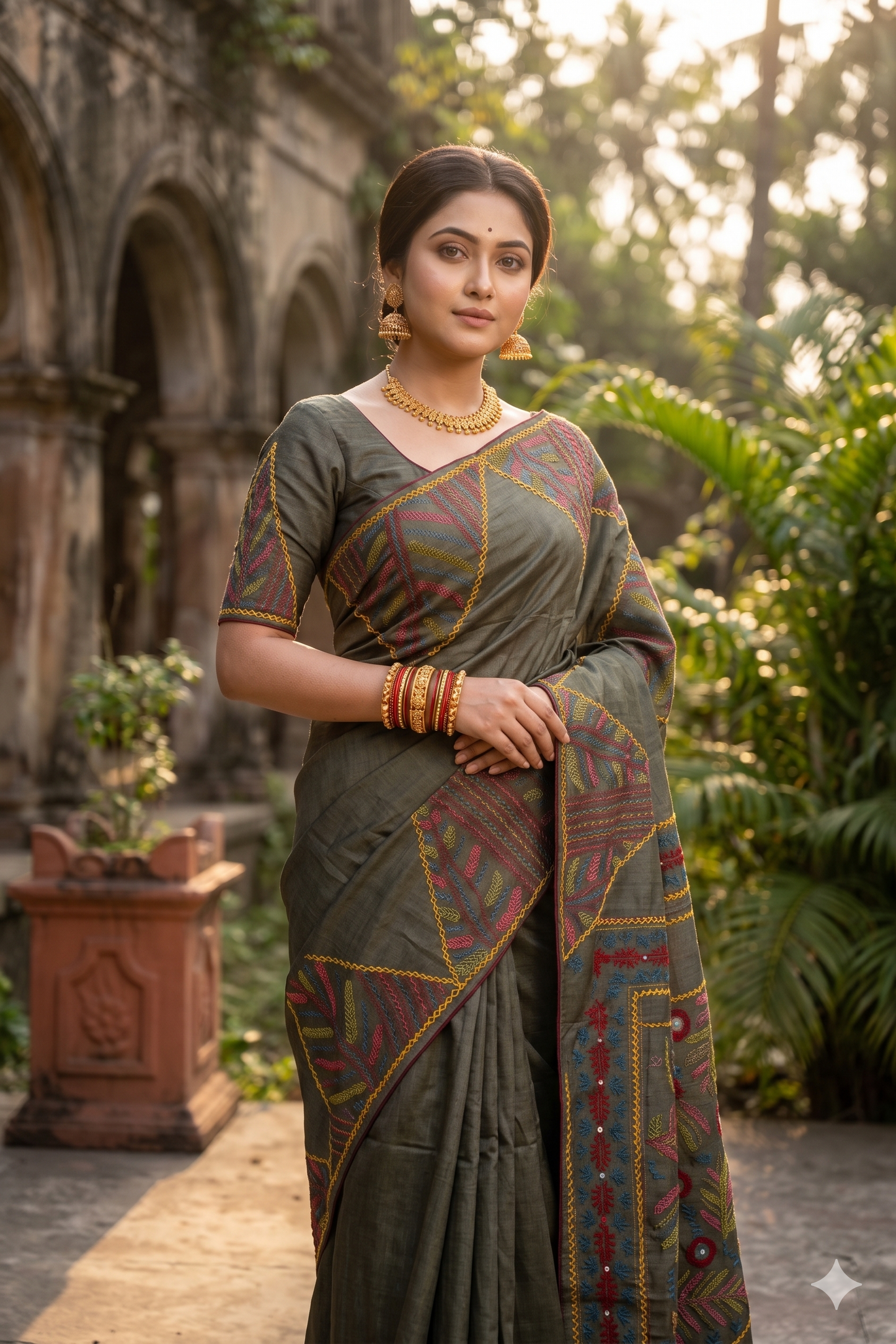 Deep Grey Tussar Embroidery Saree With Lambani Work Border, With Unstitched Blouse