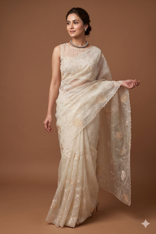 Off-White organza silk saree with embroidery and unstiched blouse, perfect for party wear, by Saarang Sarees.
