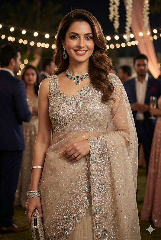 Offwhite Gold Organza Silk Saree With Sequence Work, With Unstiched Blouse