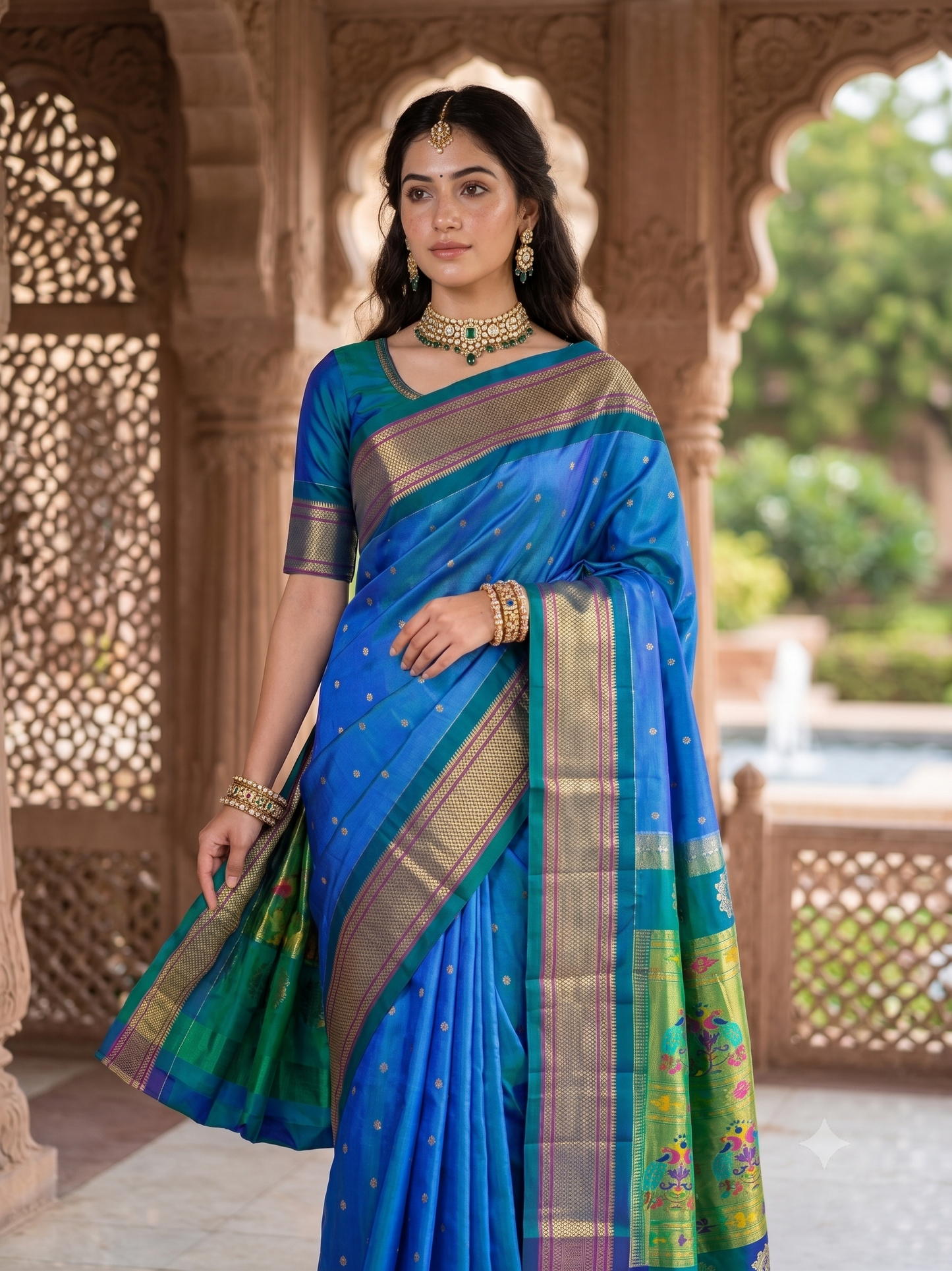 Blue & Green Paithani Silk Saree, Multi Colour Weaving, With Unstiched Blouse