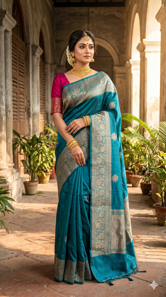 Teal blue pure raw Tussar Banarasi silk saree with hand-woven motifs and unstiched blouse, traditional wear by Saarang Sarees.