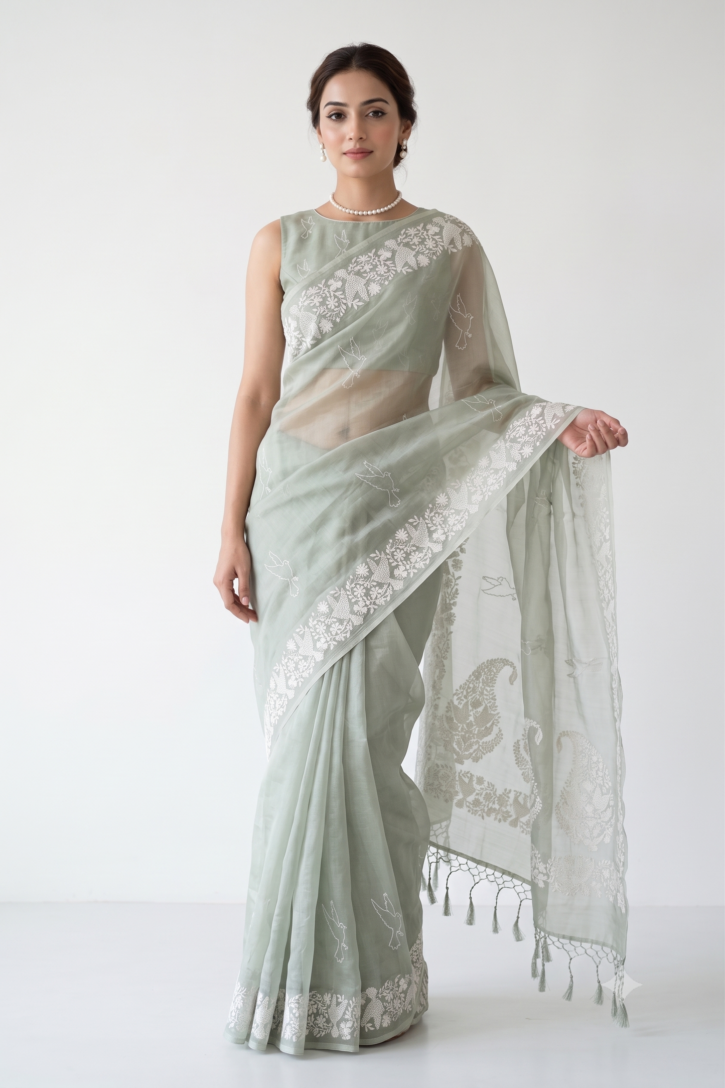 Pista Green Organza Silk Resham Embroidery Saree, With Unstiched Blouse