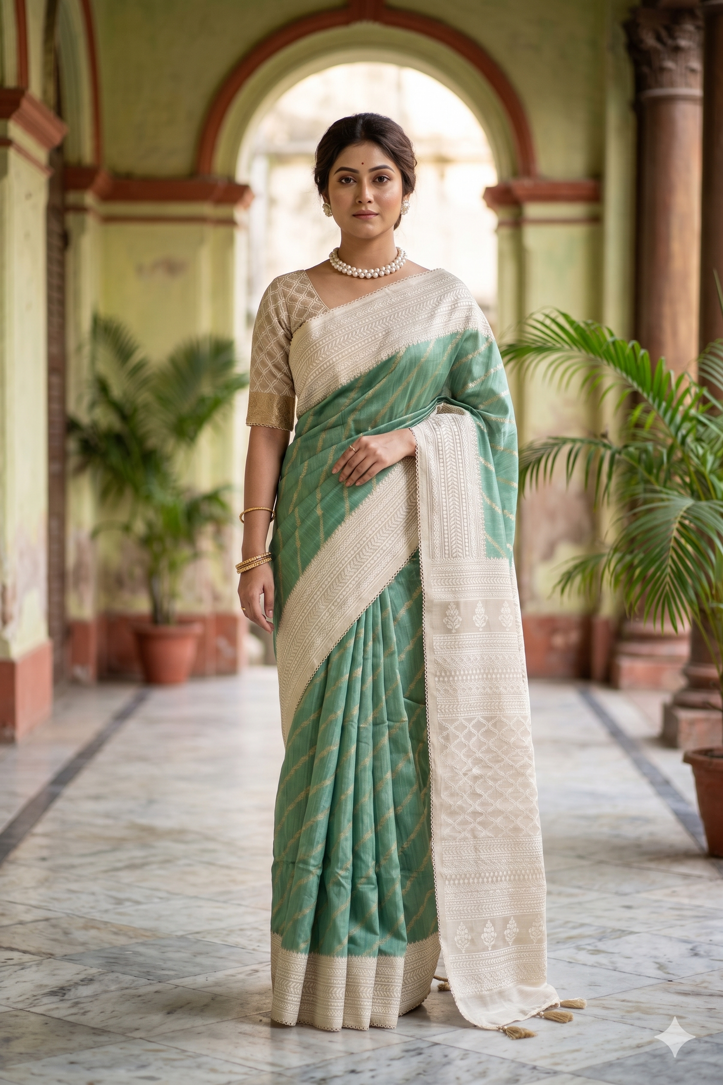 Pista Green Munga Handloom Saree With Chikankari Work, With Unstiched Blouse