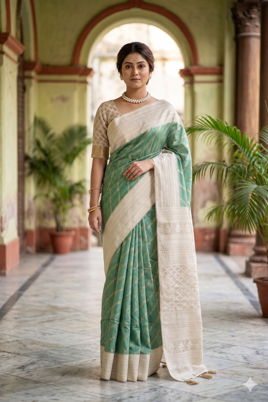 Pista Green Munga Handloom Saree With Chikankari Work, With Unstiched Blouse