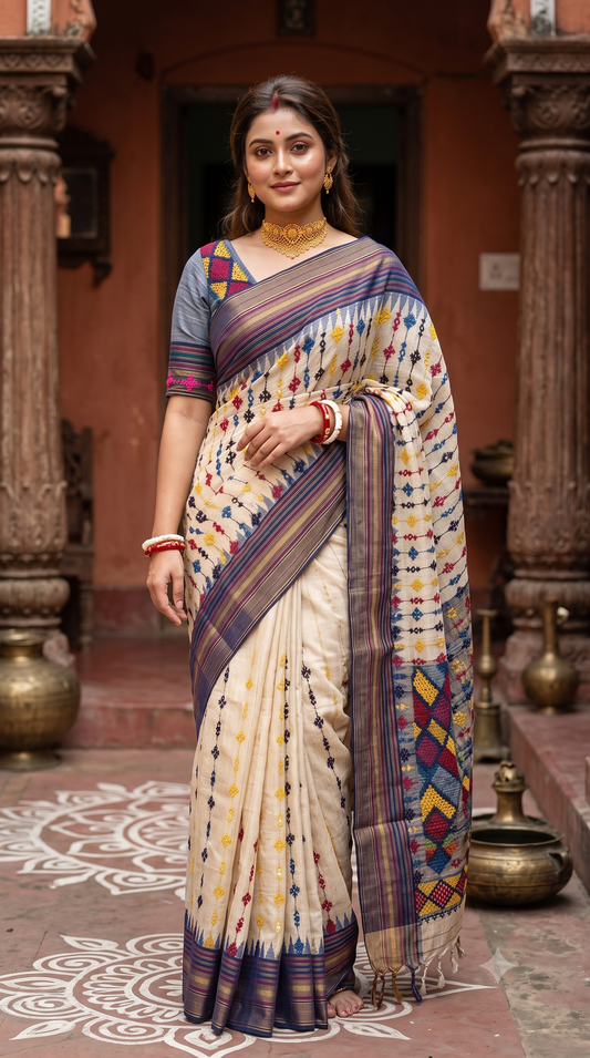 Beige & Multi Vidarbha Tussar Silk With Kutch Work Saree, With Unstitched Blouse