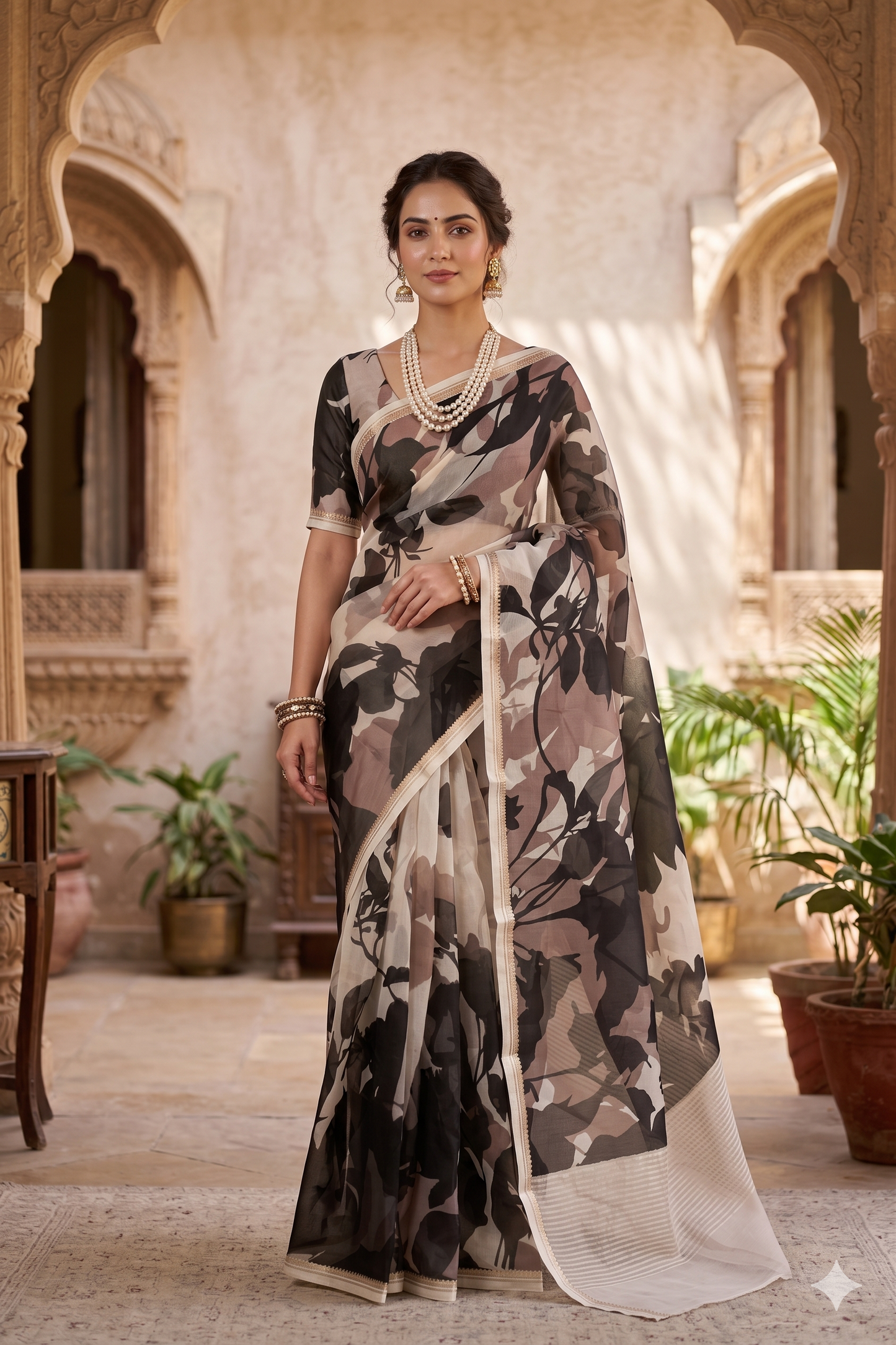 Off-White & Black Floral Printed Organza Saree, With Unstiched Blouse