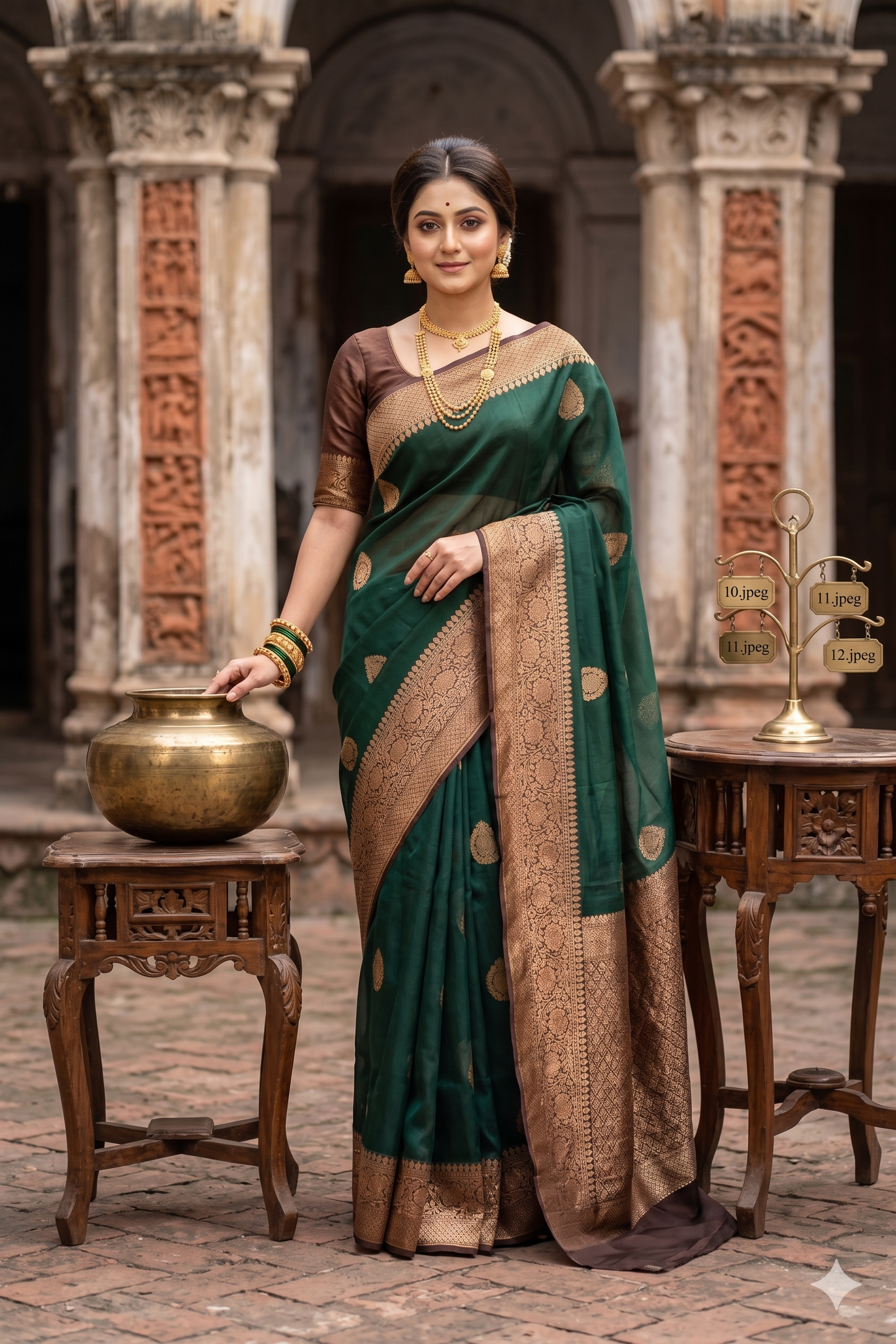 Forest Green Kora Banarasi Silk Saree, With Unstiched Blouse