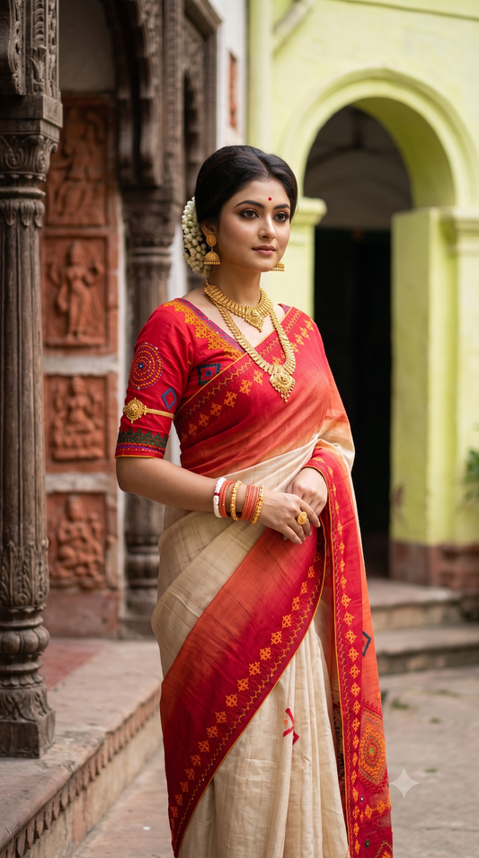 Off-White Tussar Hand Embroidery Work Saree, With Unstitched Blouse