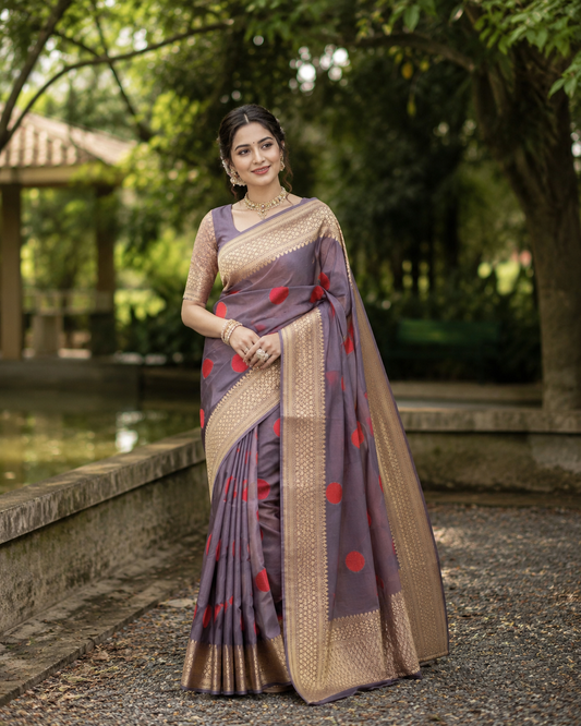 Mauve Purple Kora Banarasi Silk Saree With Hand Weving Work, With Unstiched Blouse