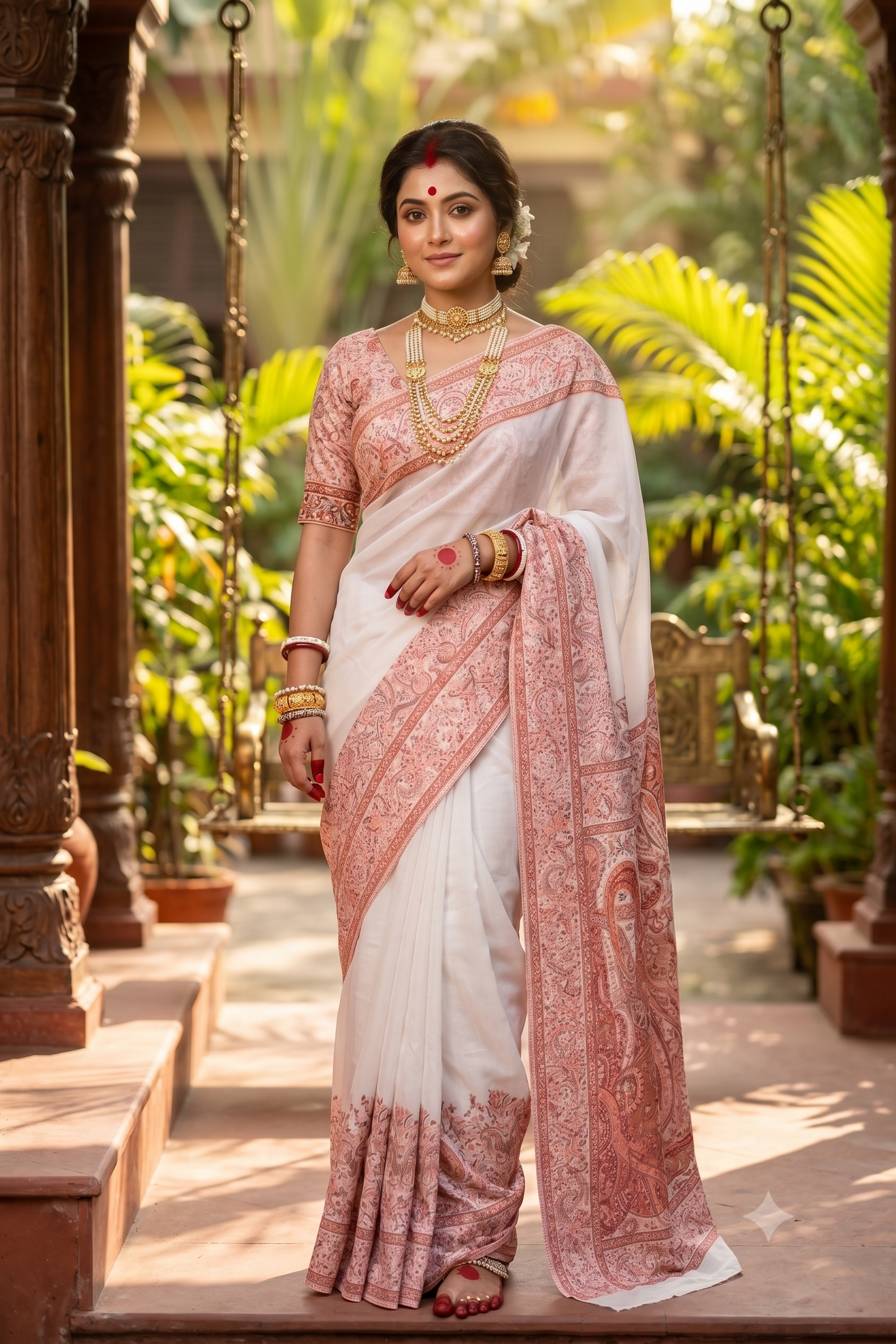 Off-White Pure Kani Handloom Silk Saree With Floral Woven Blouse