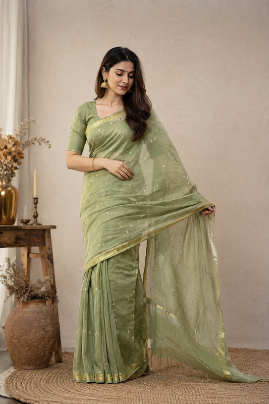 Pista Green Pure Linen Kashmiri Work Saree With Unstiched Blouse