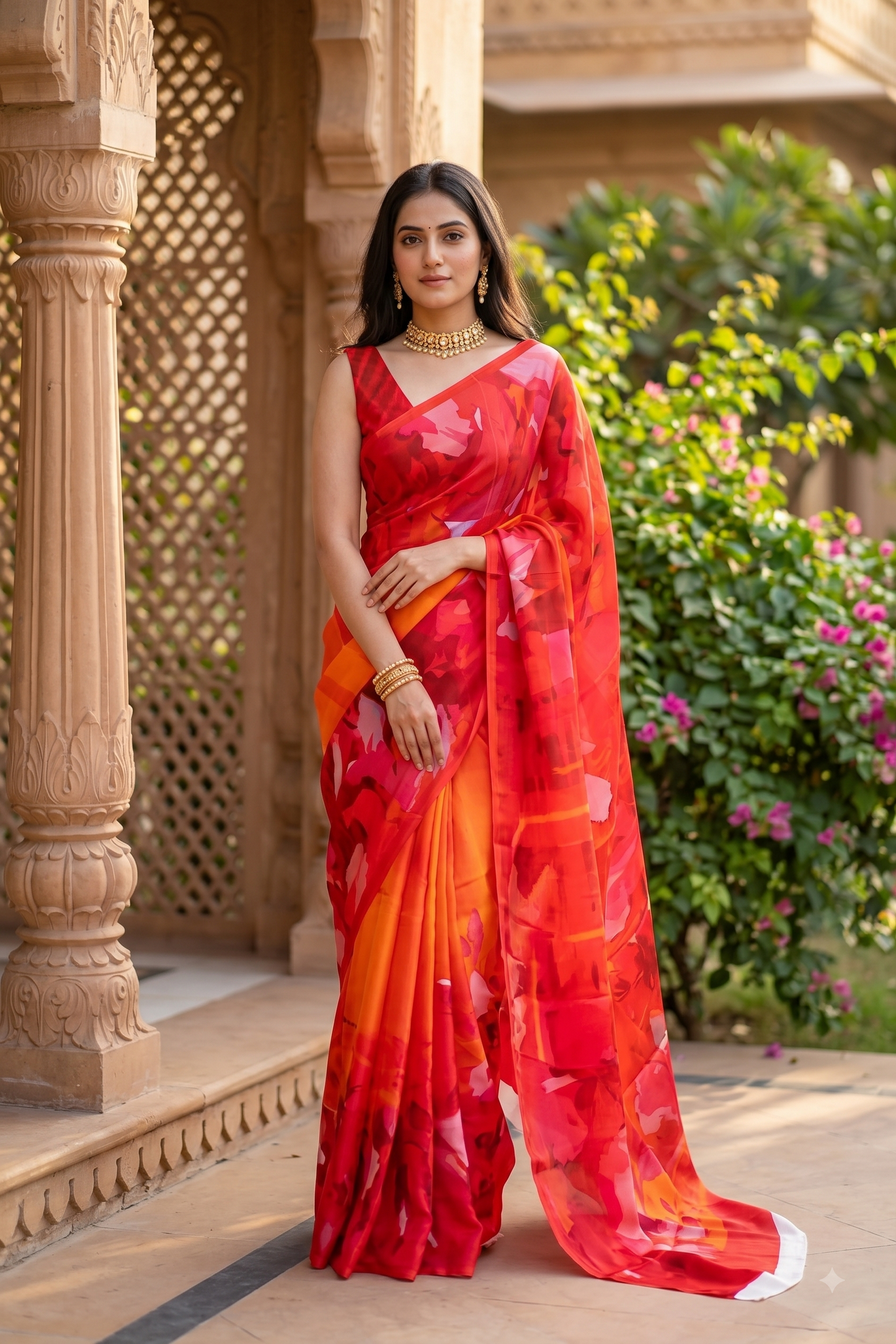 Red & Multi Floral Printed Satin Crepe Saree, With Unstiched Blouse