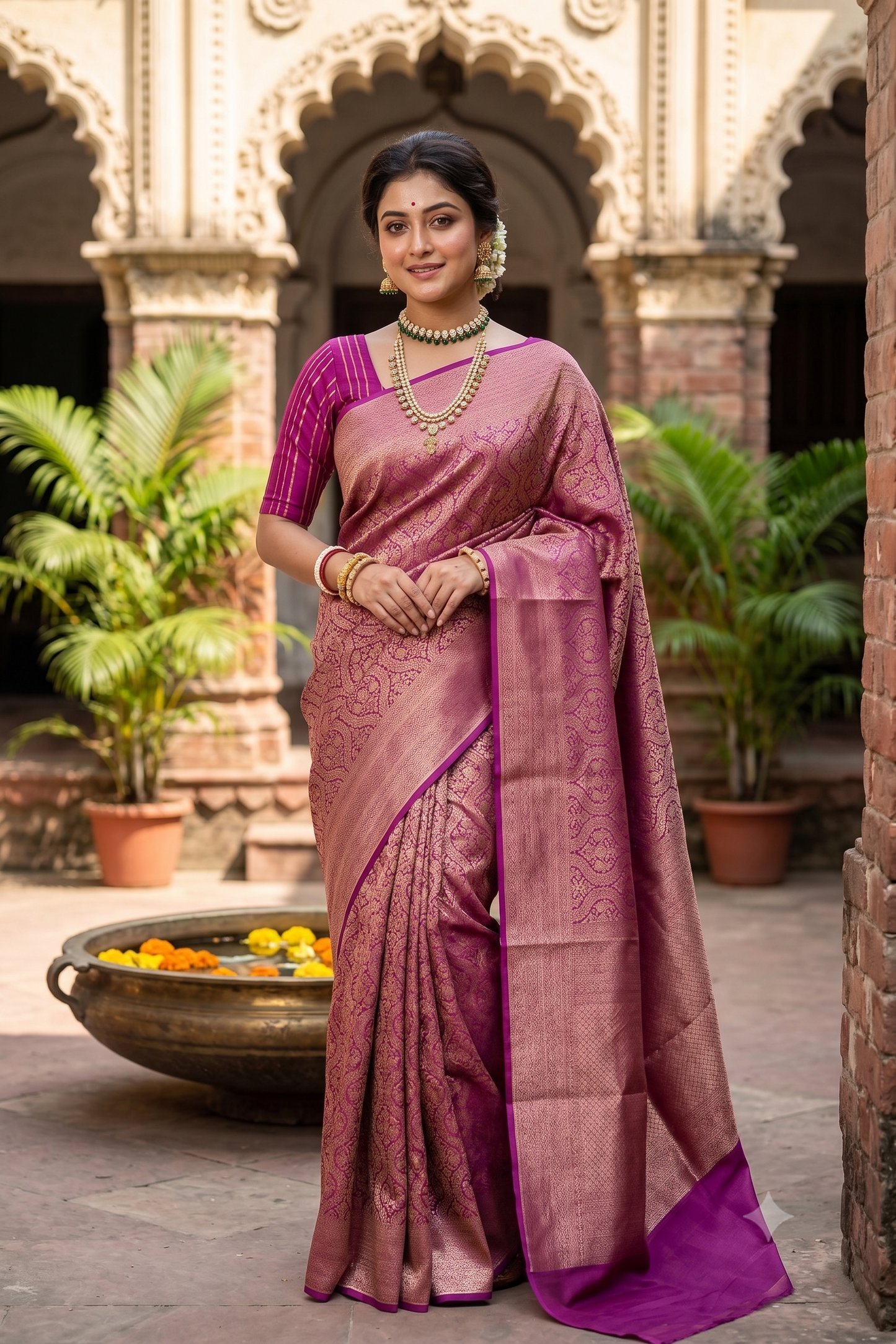 Deep Purple Brocade Kora Banarasi Silk Saree, With Unstiched Blouse