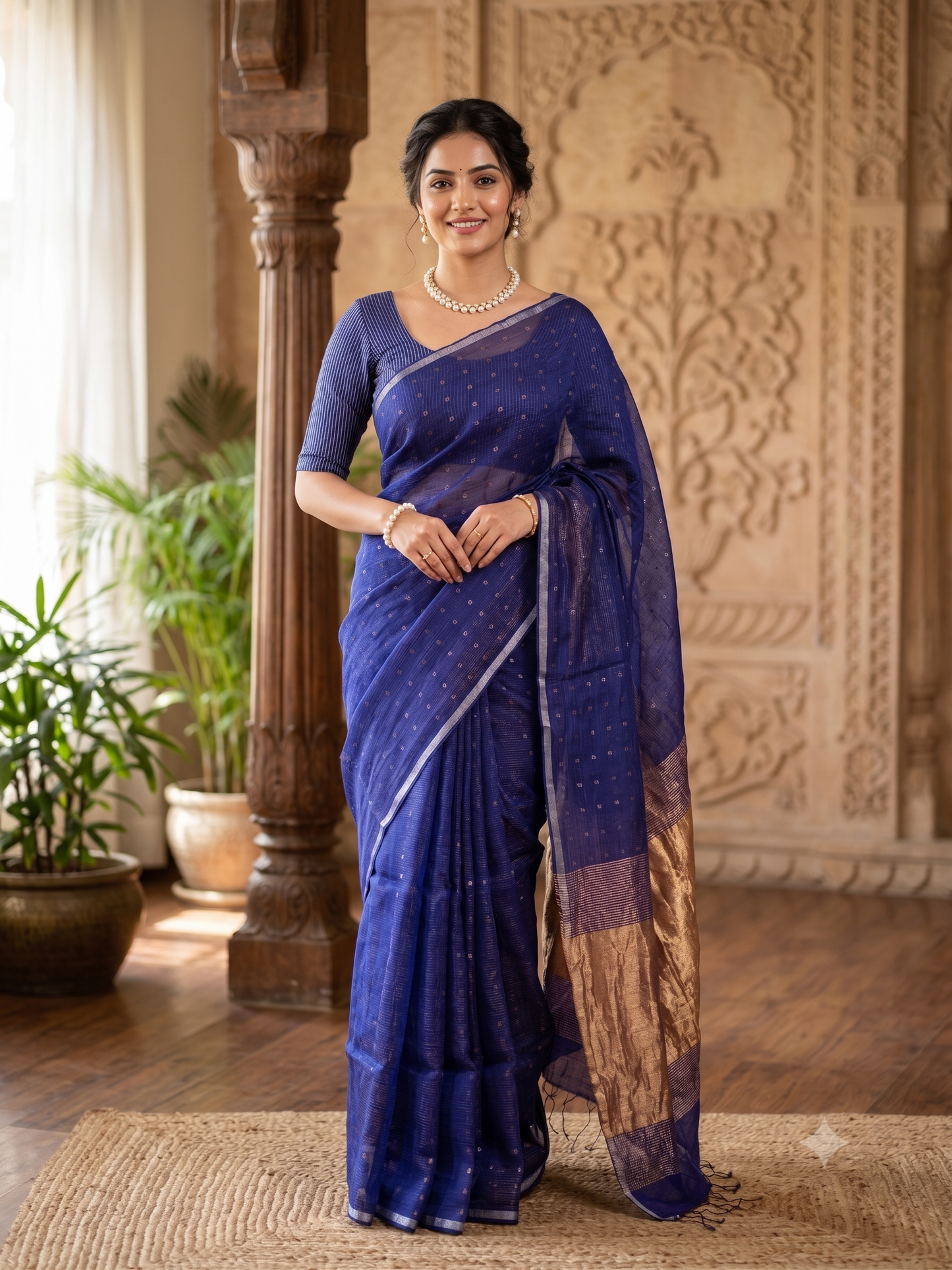 Blue Handloom Silk Saree, With Unstiched Blouse