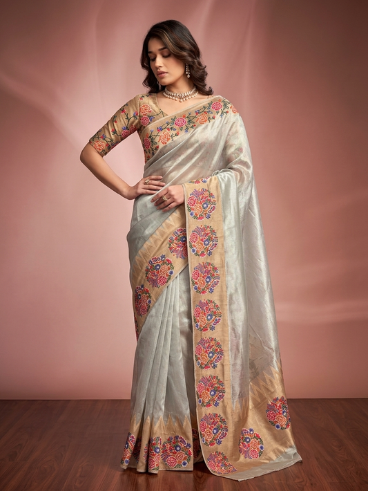 Grey Tissue Embroidery Saree, With Unstiched Blouse