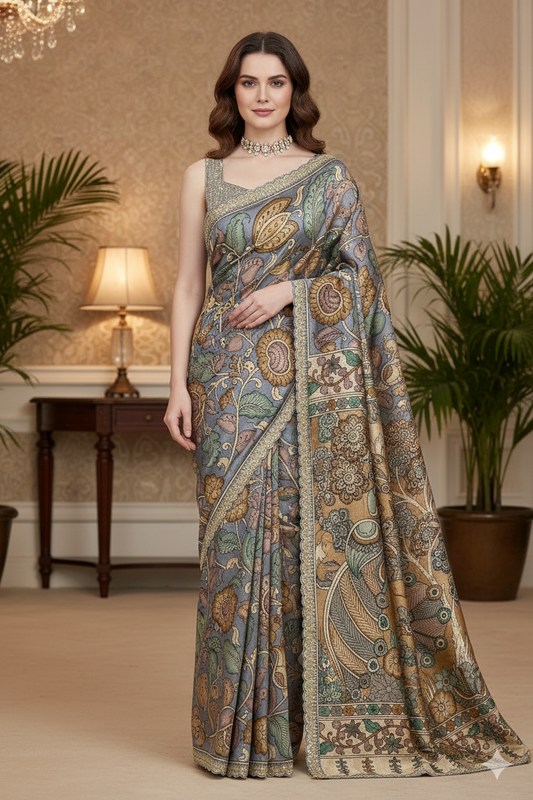 Grey Tussar Silk Printed Saree With Embroidery Border, With Unstiched Blouse
