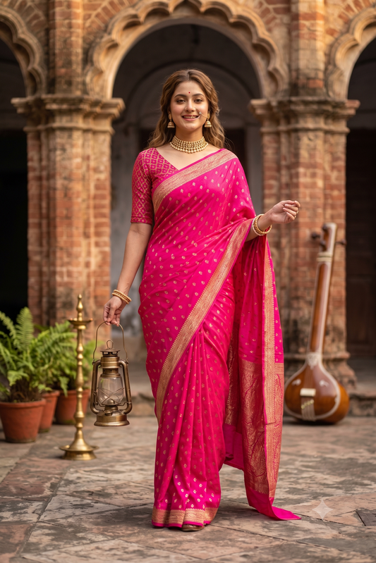 Rani Pink Crepe Khaddi Banarasi Silk Saree With Unstiched Blouse