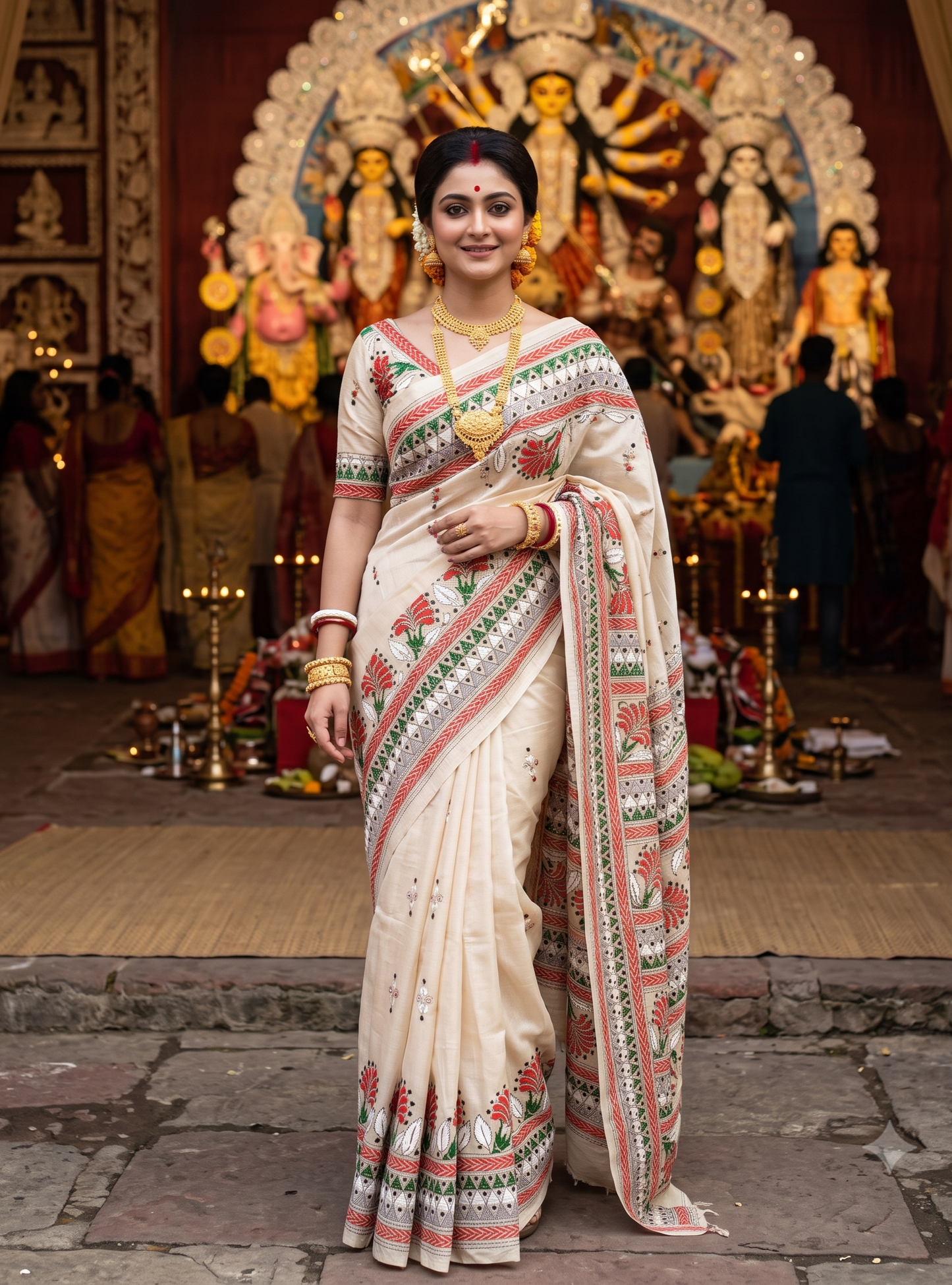 Beige Tussar Embroidery Saree With Kantha Work Border, With Unstitched Blouse