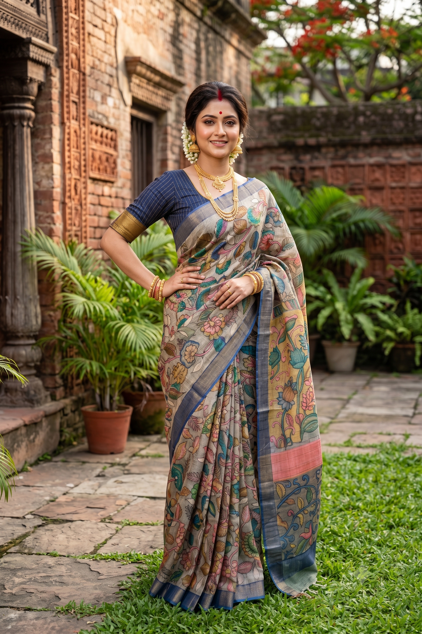 Light Grey Tussar Kalamkari Printed Work Saree, With Unstiched Blouse