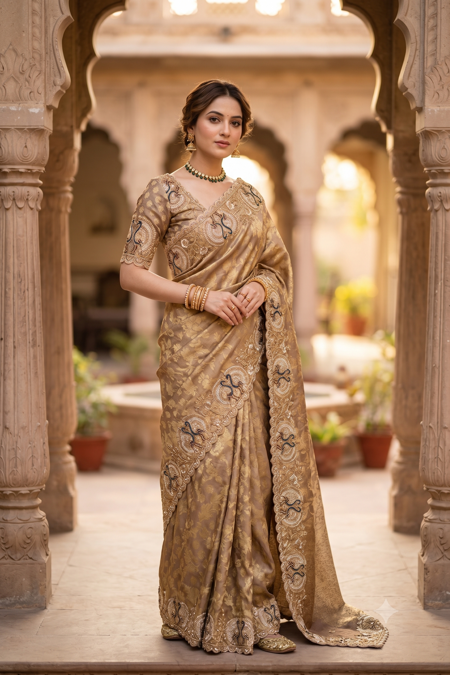 Deep Beige Tissue Kanjeevaram Silk Sarees With Embroidery Work, With Unstiched Blouse